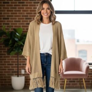 Ralph Lauren Jeans Co. LAL Long Open Fringe Cardigan Women’s XL Crochet Tan